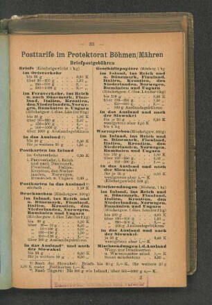 Posttarife im Protektorat Böhmen/ Mähren