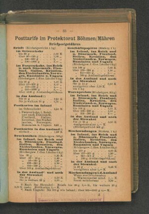 Posttarife im Protektorat Böhmen/ Mähren