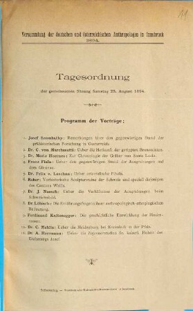 Versammlung der deutschen und österreichischen Anthropologen in Innsbruck 1894. : Tagesordnung der gemeinsamen Sitzung Samstag 25. August 1894.