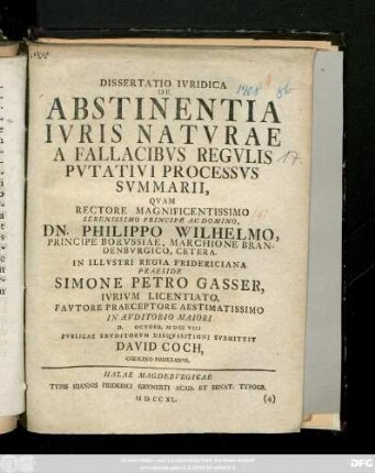 Dissertatio Ivridica De Abstinentia Ivris Natvrae A Fallacibvs Regvlis Pvtativi Processvs Svmmarii