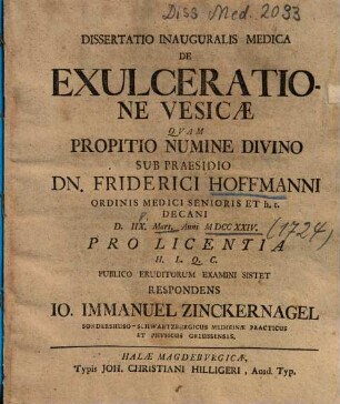 Dissertatio Inauguralis Medica De Exulceratione Vesicae