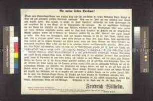 Maueranschlag: An meine lieben Berliner! Proklamation von König Friedrich Wilhelm IV. an die Bewohner "meines schönen und treuen Berlins"; Berlin, geschrieben in der Nacht vom 18.-19. März 1848. Zeitgenössischer Nachdruck