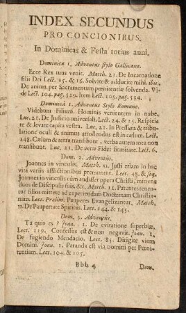 Bbb4r-CCC4v, Index Secundus Pro Concionibus. In Dominicas & Festa totius anni.