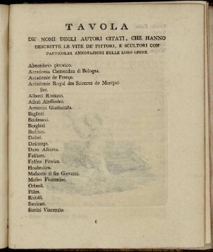 Tavola De' Nomi Degli Autori Citati, Che Hanno Descritte le Vite De' Pittori, E Scultori Con Particolar Annotazioni Delle Loro Opere.