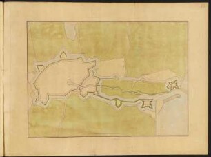 Festungsplan von Goes in den Niederlande, kolorierter Handzeichnung, vor 1695 : Goesa [Festungsplan] / [Johann George Starck]. [S.l., S.a.].- [nach 1695] - 1 Plan : Handzeichng. ; 46,0 x 33,0 cm.