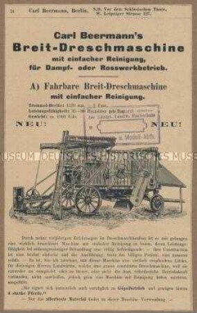 Carl Beermann`s Breit-Dreschmaschine mit einfacher Reinigung, für Dampf- oder Rosswerkbetrieb.