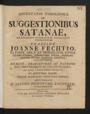 Dissertatio Theologica De Suggestionibus Satanae