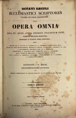 Octavi saeculi ecclesiastici scriptores maxima ex parte recensentur, quorum opera omnia nova et, quod antea prorsus inauditum fuit, communi editione donantur, nominaque in subiecta serie evolvuntur