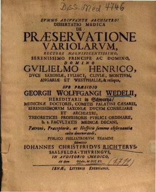 Dissertatio Medica De Praeservatione Variolarvm [Variolarum]