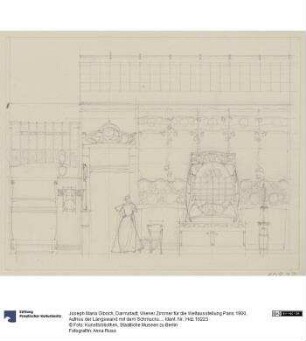 Darmstadt, Wiener Zimmer für die Weltausstellung Paris 1900, Aufriss der Längswand mit dem Schmuckschrank