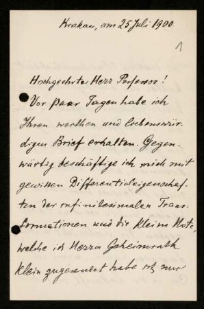 Brief von Casimir Zorawski an David Hilbert, Krakau, 25.7.1900