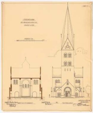 St. Antonius von Padua, Wickede Erweiterung: Querschnitt und Portalansicht der Kirche mit Turmerweiterung 1:100