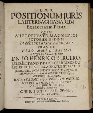 Positionum Juris Lauterbachianarum Exercitatio Prima
