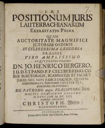 Positionum Juris Lauterbachianarum Exercitatio Prima
