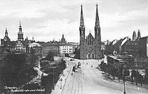 Dresden, Sophienkirche : Dresden-Altstadt. Zwinger, Residenzschloß, Taschenbergpalais und Sophienkirche. Blick vom Hotel Weber nach O