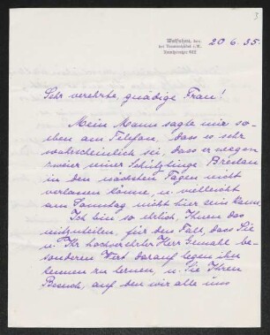 Brief von Wilma Ercklentz an Margarete Hauptmann