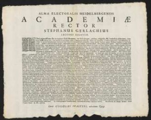 Almae Electoralis Heidelbergensis Academiae Rector Stephanus Gerlachius Lectori Salutem