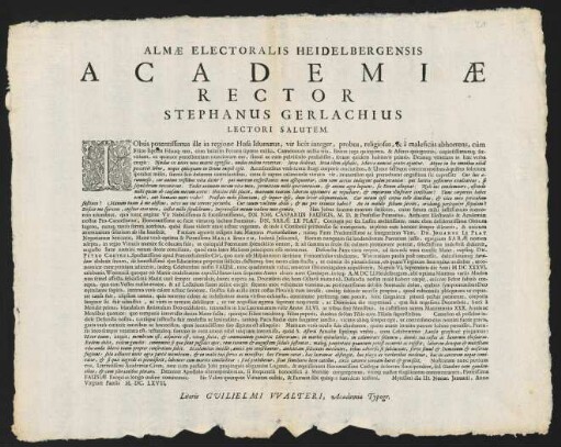 Almae Electoralis Heidelbergensis Academiae Rector Stephanus Gerlachius Lectori Salutem