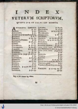 Index veterum scriptorum quibus lux et salus est reddita.