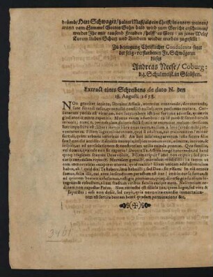 Extract eines Schreibens de dato N. den 18. Augusti 1658.