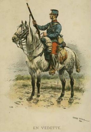 Auf Vorposten: franz. Reitersoldat des Kavallerie-Regiments Nr. 12 in Uniform, Mütze mit Feldausrüstung, Gewehr aufgestützt, in Profil