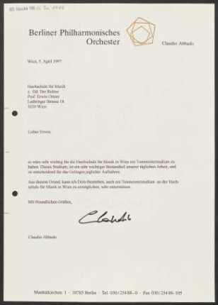Brief an Erwin Ortner an Hochschule für Musik und Darstellende Kunst in Wien, 05.04.1997