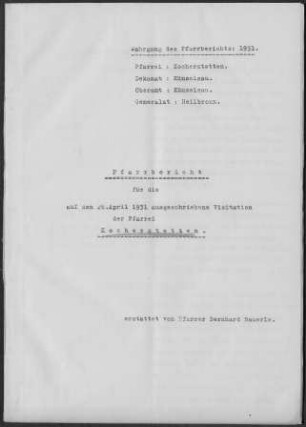 Kocherstetten mit Vogelsberg, Mäusdorf und Kügelhof: Pfarrbericht 1931
