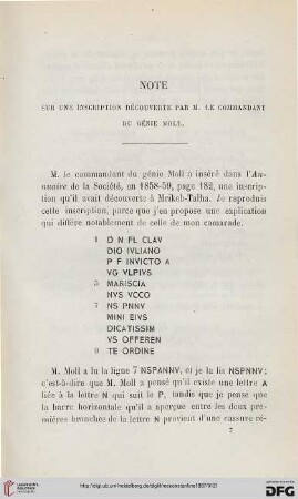 Sér. 2: Note sur une inscription découverte par M. le Commandant du génie Moll