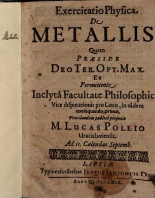 Exercitatio physica de metallis