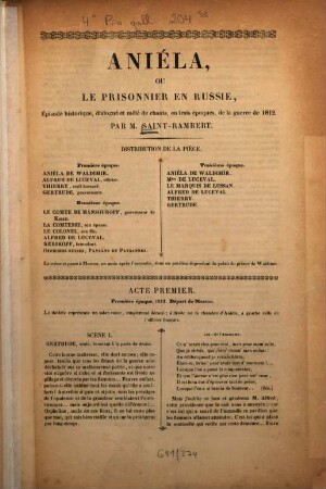 Aniéla ou le prisonnier en Russie : Esquisse historique et en trois tableaux de la campagne de 1812