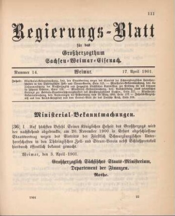 36. Ministerial-Bekanntmachung, betreffend den Staatsvertrag wegen des Eintritts der Schwarzburgischen Unterherrschaften in den Thüringischen Zoll- und Steuer-Verein