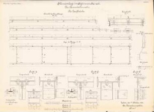 Stauanlage im Jeglinner Kanal, Groß Zechen: Dammbalkenwehr, Laufbrücke: Ansicht, Grundriss, Schnitte 1:20, 1:10, 1:5, 1:2