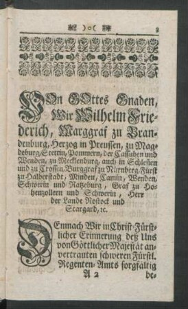 Von Gottes Gnaden, Wir Wilhelm Friederich, Marggraf zu Brandenburg ...