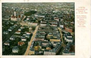 Leipzig, aufgenommen aus Parseval III am 29. Juni 1909: Neues Rathaus, Carl-Tauchnitz-Strasse, Reichsgericht, Gewandhaus aus ca. 150 m Höhe
