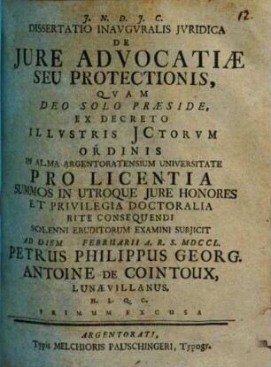 Dissertatio inavgvralis jvridica de jure advocatiae seu protectionis