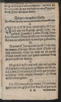 Folget ein ander Liedt. Jm Thon: Kompt her zu mir spricht Gottes Sohn.