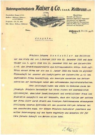 Zeugnis für Johanna Rentschler als Chefsekretärin auf Briefbogen der Fa. Nahrungsmittelfabrik Kaiser & Co G.m.b.H. mit Firmenansicht