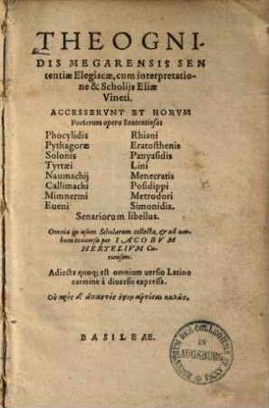 Theognidis Megarensis sententiae elegiacae