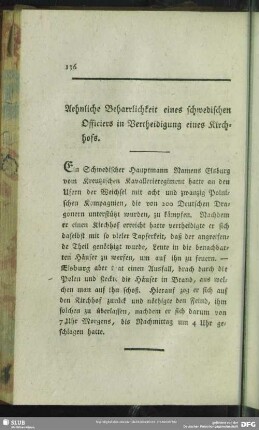 Aehnliche Beharrlichkeit eines schwedischen Officiers in Vertheidigung eines Kirchhofs
