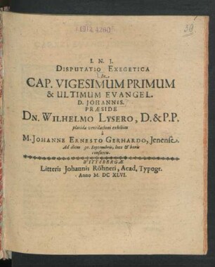 Disputatio Exegetica In Cap. Vigesimum Primum & Ultimum Evangel. D. Johannis