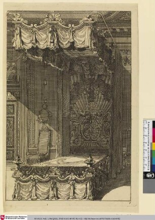 [Second livre d'appartements; Ansicht eines Bettes mit Baldachin, daneben ein Stuhl, über dem ein Kerzenhalter hängt]