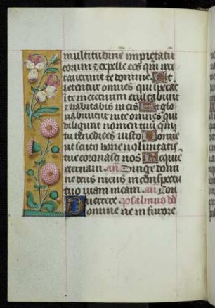 Trompe l'oeil-Randbordüre mit Blütenzweigen; (Psalm 6), Zierinitiale: D(omine ne in forure)