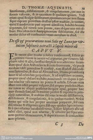 De esse & procuratione novi Solis & Lunae per virtutem sulphuris extracti a lapide minerali CAPUT V.
