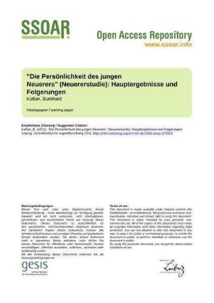"Die Persönlichkeit des jungen Neuerers" (Neuererstudie): Hauptergebnisse und Folgerungen