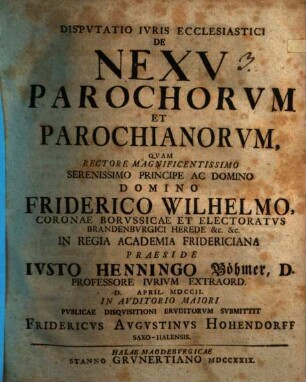 Dispvtatio Ivris Ecclesiastici De Nexv Parochorvm Et Parochianorvm