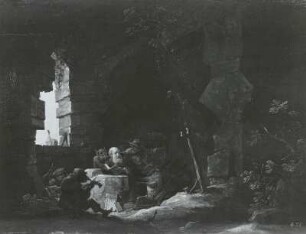 Die Versuchung des heiligen Antonius : Teniers, David : Die Versuchung des heiligen Antonius. Um 1645. Öl auf Eichenholz; 27,15 x 37,5 cm. Dresden: Gemäldegalerie Alte Meister 1082