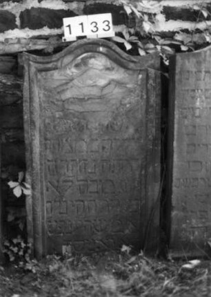 Grabstein 1133 (Index: 99630636) Material: Sandstein Zustand: oben völlig abgeblättert, Textverlust Maße HxBxT: 102x63x12 cm Beschreibung: Stele mit Konvexbogenabschluß: Grabstein 1133