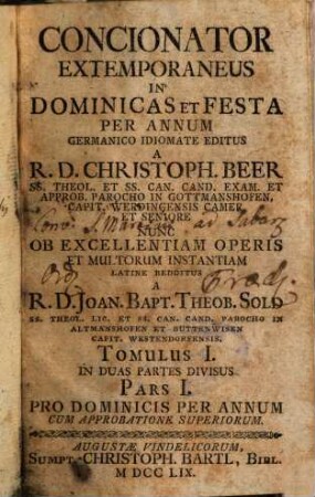 Concionator Extemporaneus In Dominicas Et Festa Per Annum, 1