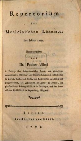 Repertorium der medicinischen Litteratur : des Jahres .... 1791, 1791