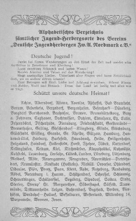 Alphabetisches Verzeichnis sämtlicher Jugend-Herbergsorte des Vereins "Deutsche Jugendherbergen Zw.A.Nordmark e.V."